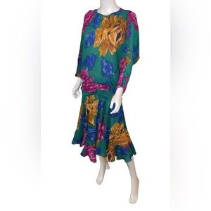 Vintage Kono New York Green Floral Ruched Dress P2P 22”